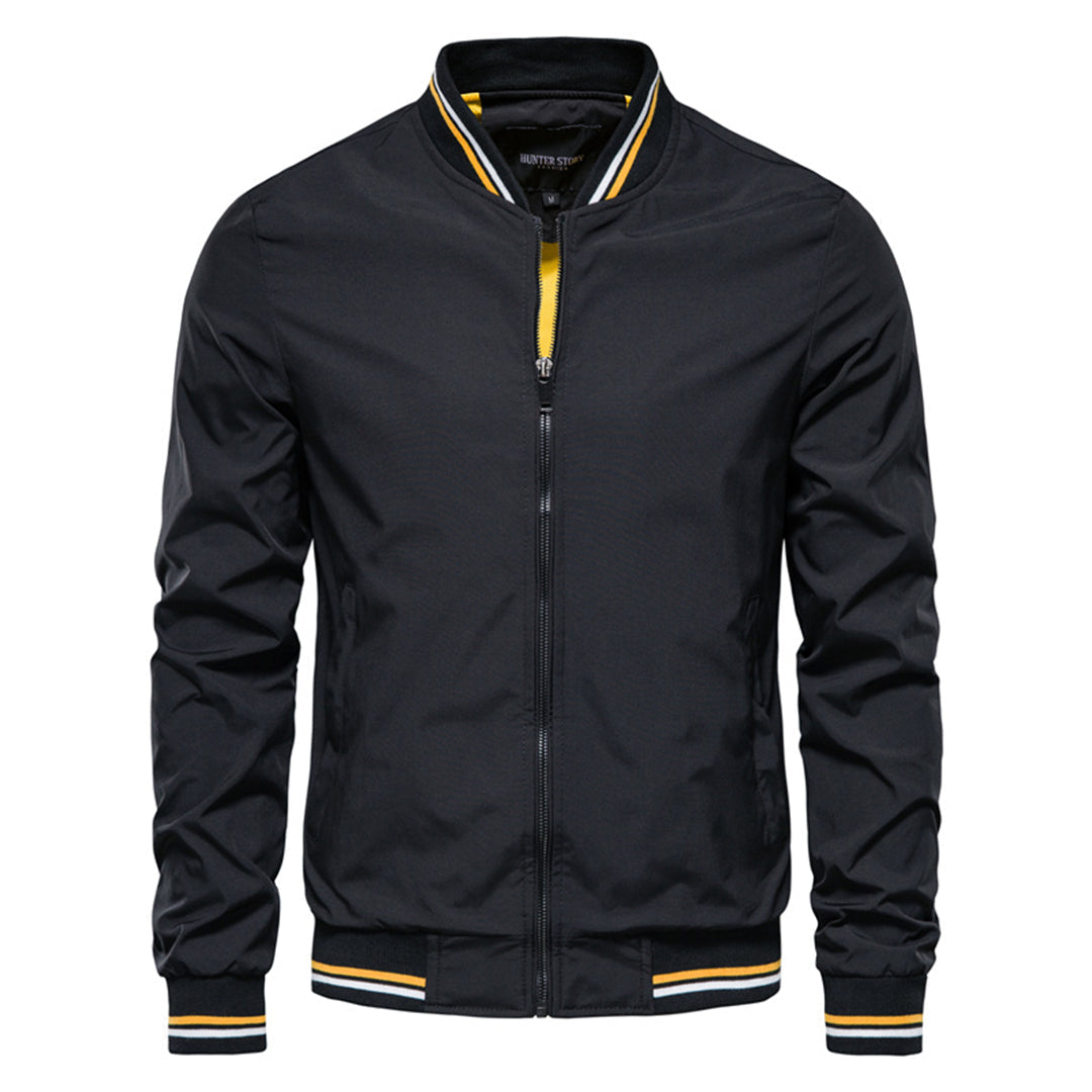 Urban fashion men's bomber jacket with ribbed trim. Ideal for stylish, casual everyday wear and versatility.