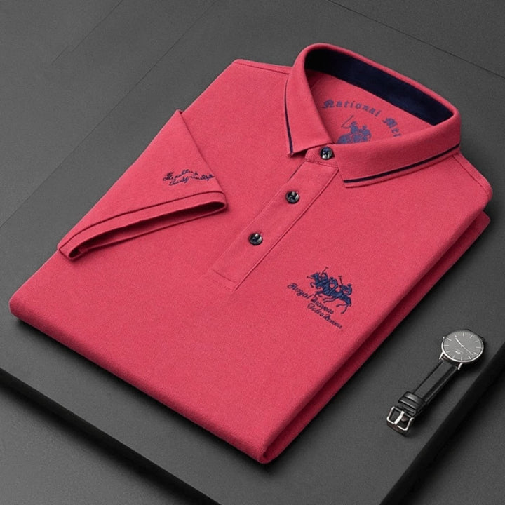 Lightweight, breathable men's polo shirt with embroidered detail. Perfect for summer casual and golf wear.
