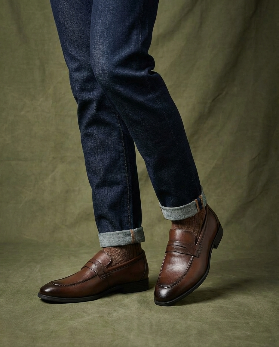 Front view of Men's Classic Briar Loafers, stylish brown mens footwear for a sophisticated & comfortable look.