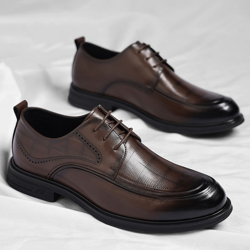 Brown leather men's classic brogue dress shoes with detailed perforations for formal business events.