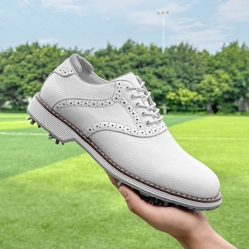 Top view of classic men's brogue golf shoes, premium leather, comfortable design for the course.