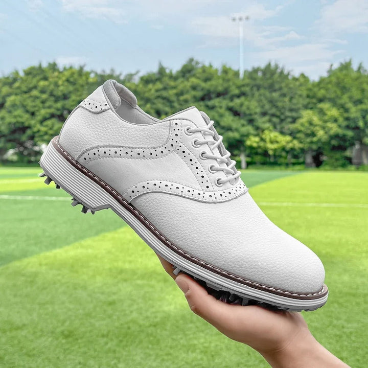 Top view of classic men's brogue golf shoes, premium leather, comfortable design for the course.
