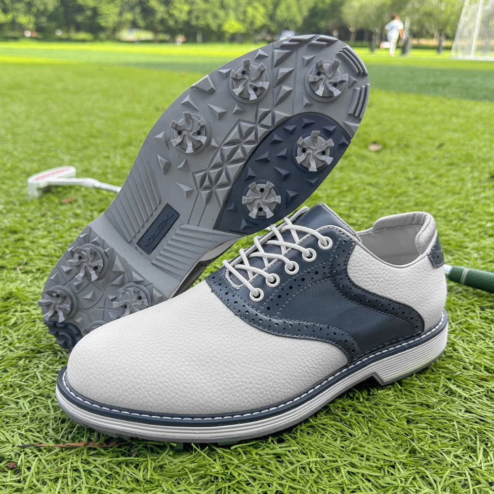 Spiked sole of men's classic brogue golf shoes, designed for superior traction & stability on the course.