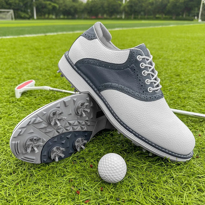 Men's classic brogue golf shoes worn on the course, spiked, water-resistant leather for ultimate comfort.