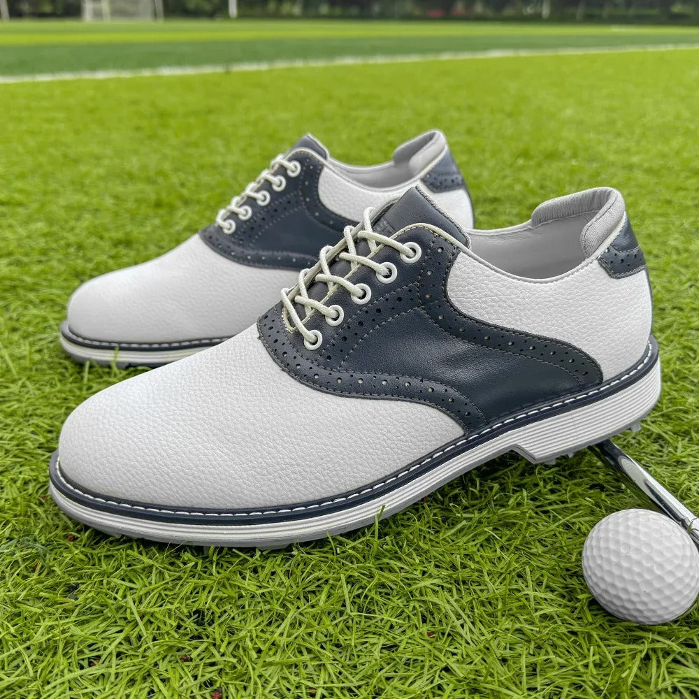 Pair of men's classic brogue leather golf shoes, spiked, offering style & performance for golfers.