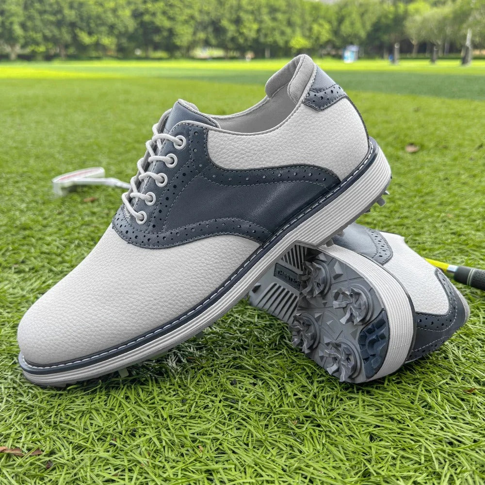 Men's classic brogue golf shoes on a golf green, spiked, water-resistant, ready for play.