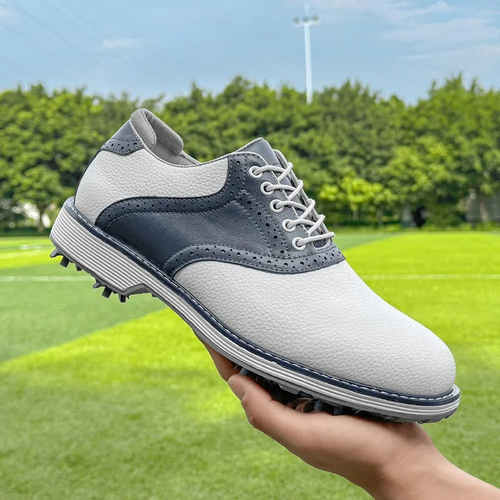 Athletic men's classic brogue golf shoes, leather, spiked for stability, ultimate golf performance.