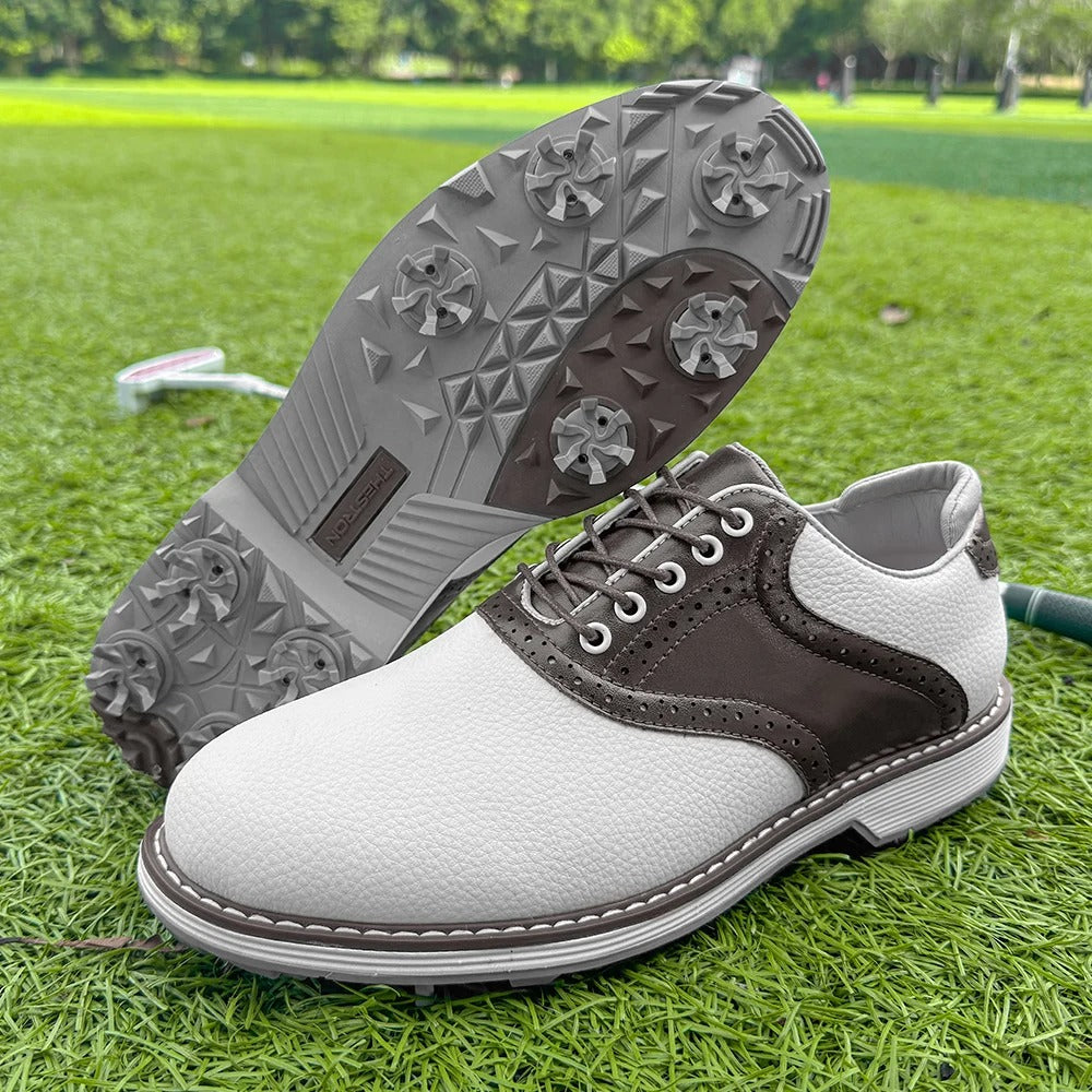 Durable leather men's classic brogue golf shoes, spiked for grip, water-resistant for all conditions.