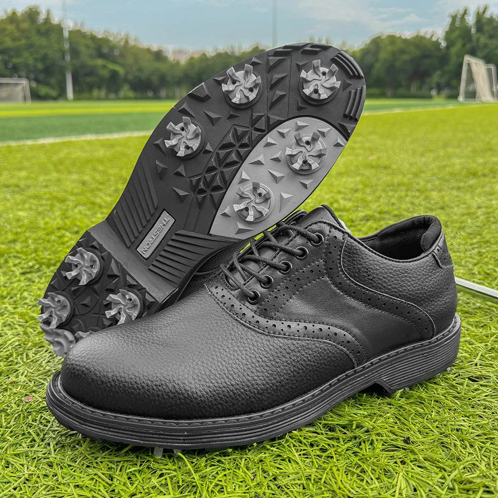 Men's classic brogue leather golf shoes, water-resistant & spiked for comfort, style, and performance.