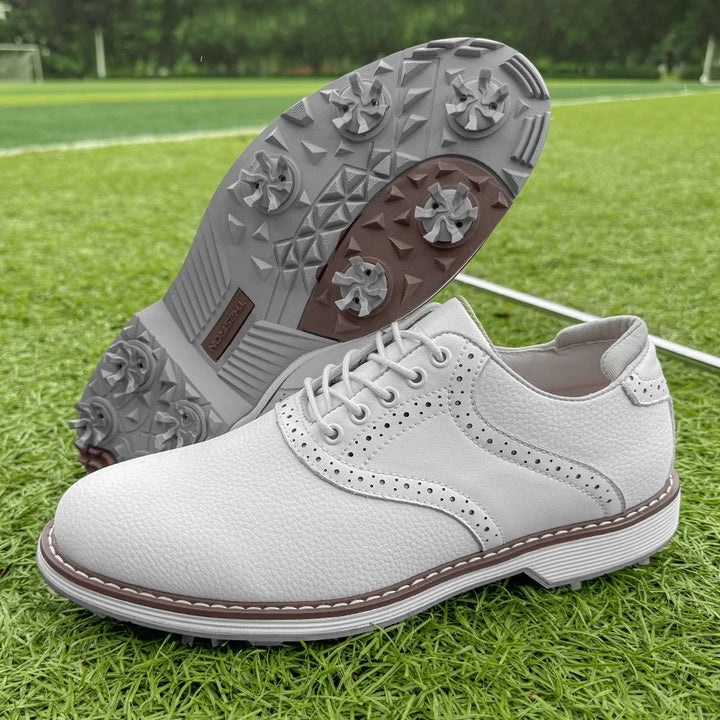 Spiked men's golf shoes, classic brogue design, water-resistant leather for all-weather play.