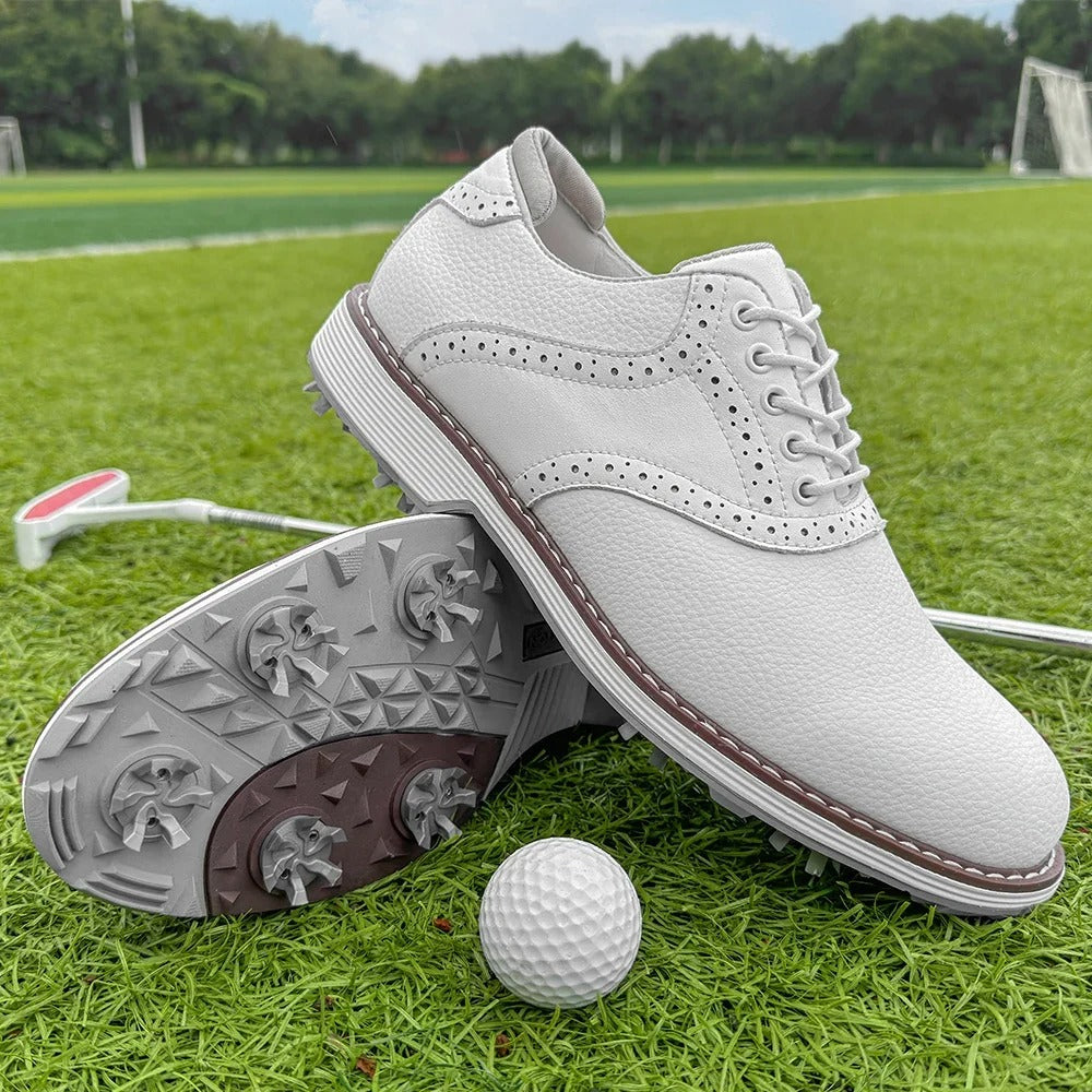 Comfortable athletic men's golf shoes, classic brogue style, premium leather, spiked for grip.