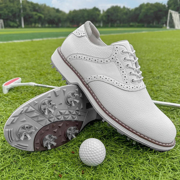 Comfortable athletic men's golf shoes, classic brogue style, premium leather, spiked for grip.