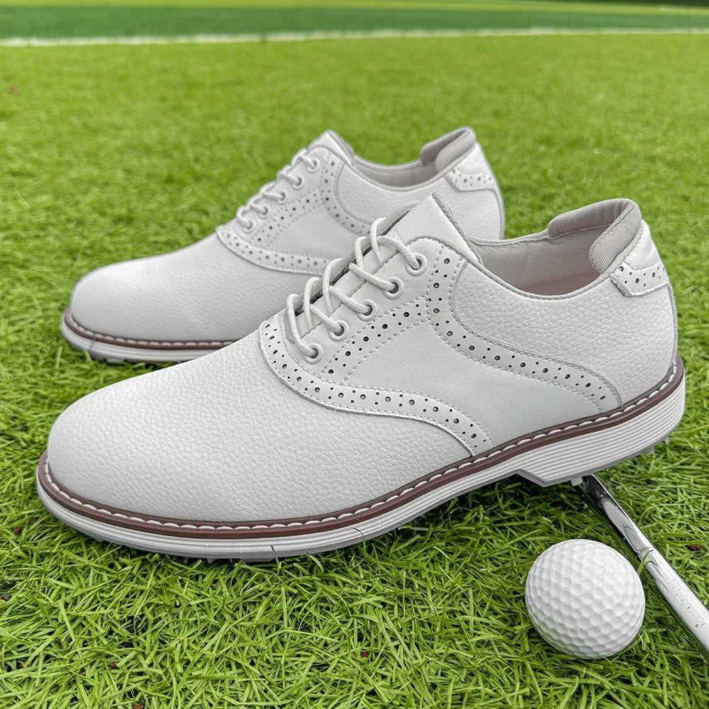 Water-resistant men's classic brogue golf shoes, leather, spiked for superior course traction.