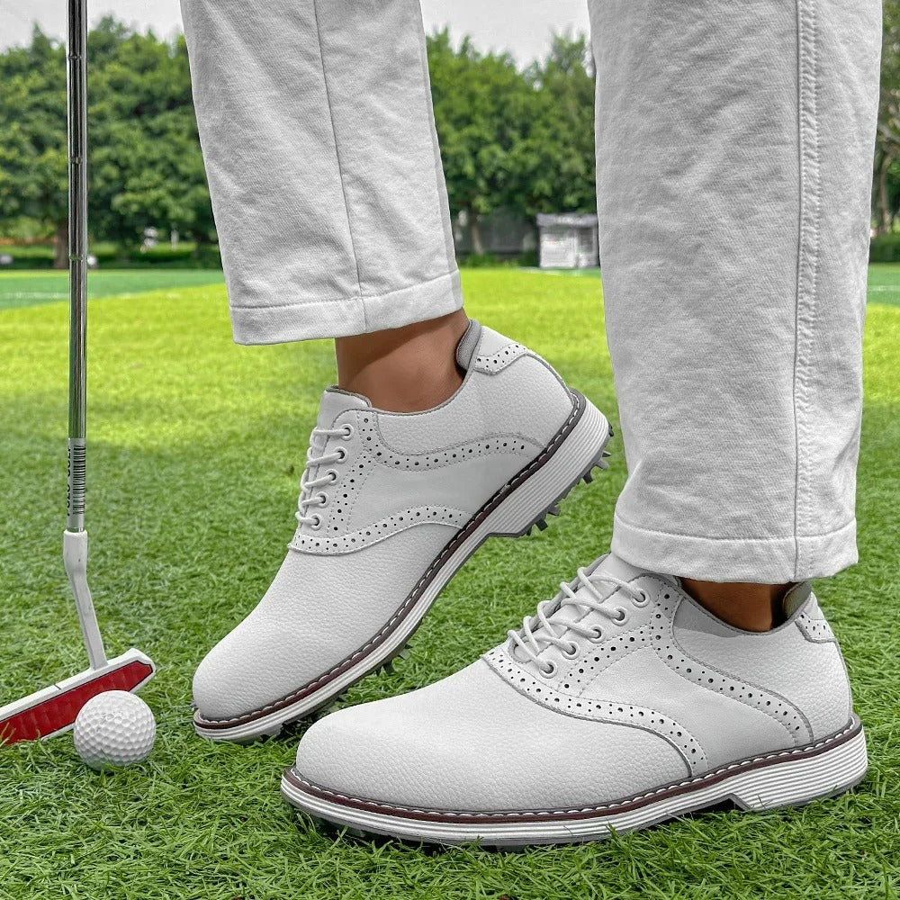 Premium leather men's golf shoes, classic brogue design, spiked sole for optimal golf performance.