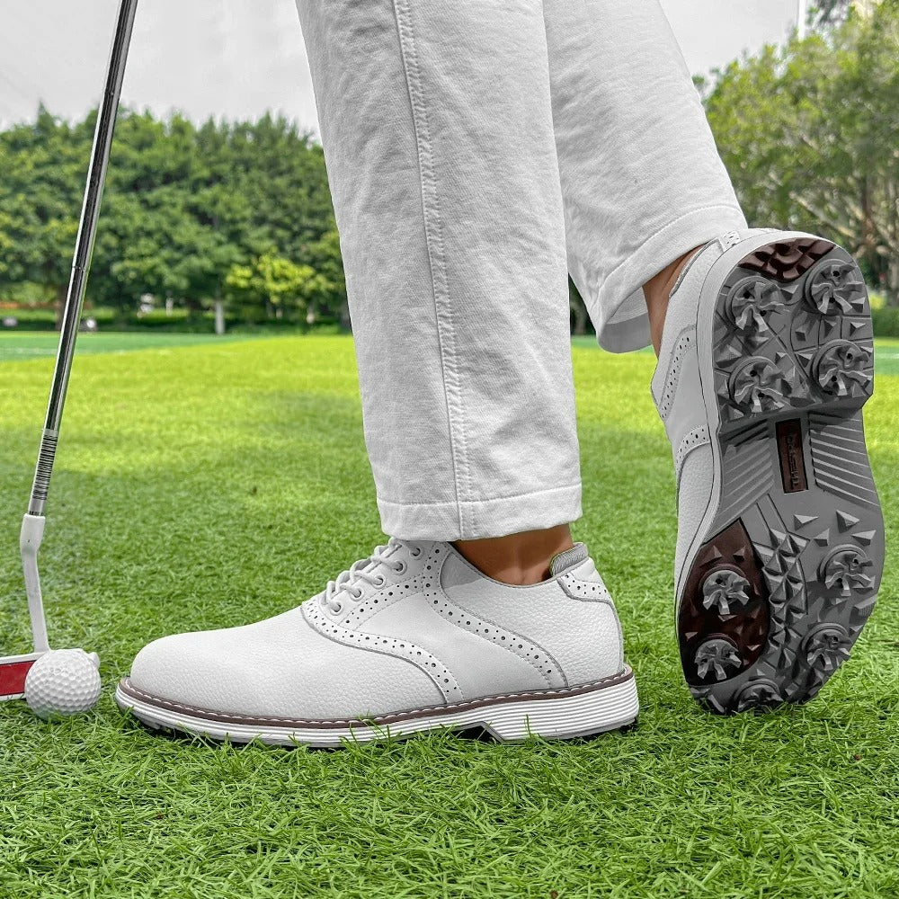 Classic brogue men's golf footwear, spiked for stability, water-resistant leather, stylish & comfortable.