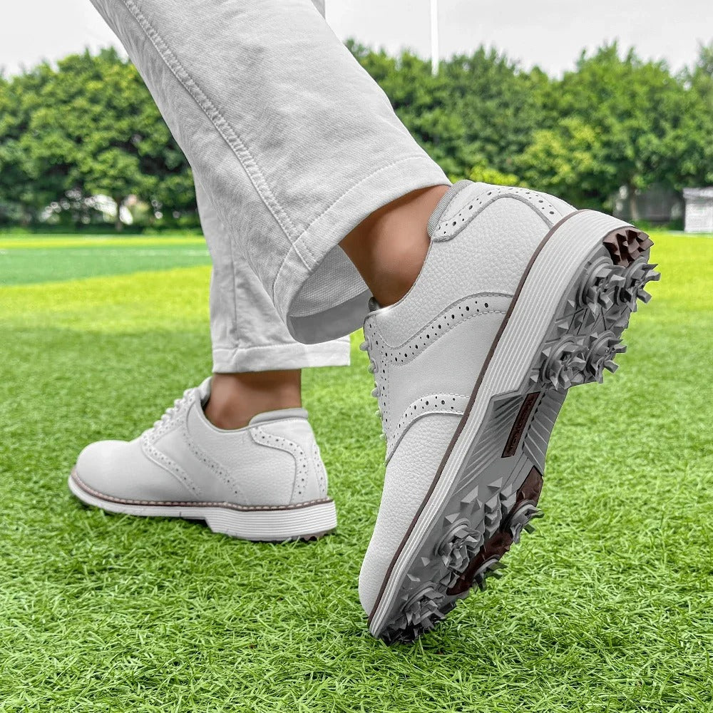 Elegant men's classic brogue golf shoes, leather upper, spiked for traction & course comfort.
