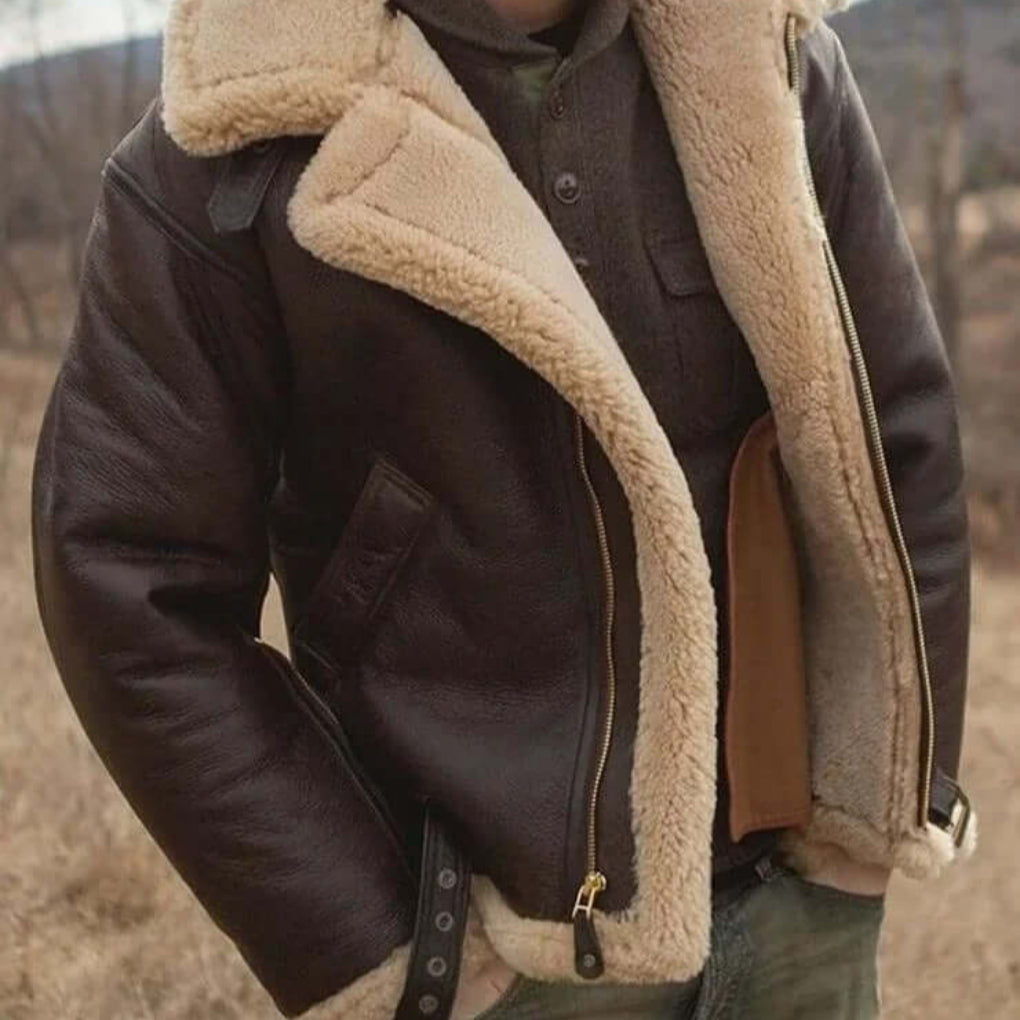 Men's classic brown aviator jacket for winter. Cozy & warm outerwear perfect for cold weather casual style.