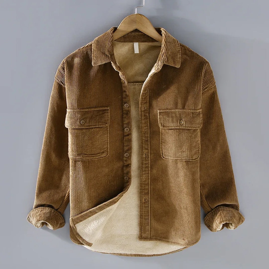 Men's classic brown corduroy jacket, perfect warm and stylish outerwear for fall and winter fashion.