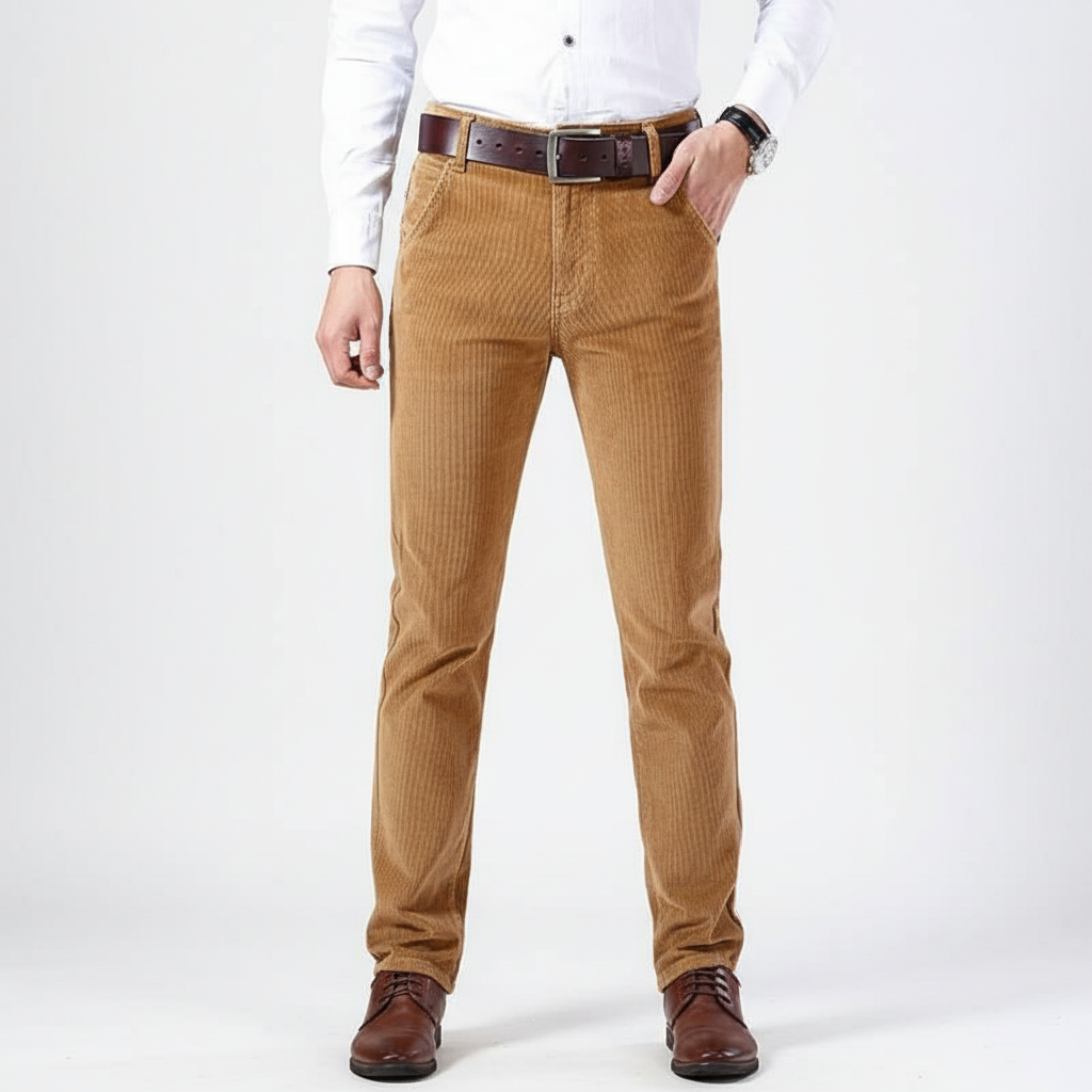 Full-length view of men's brown corduroy pants, a versatile apparel staple