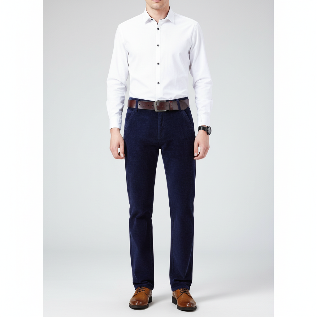 Detailed image of classic men's corduroy trousers, Ralf, with button and zipper