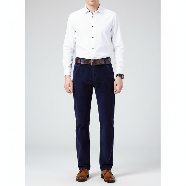 Detailed image of classic men's corduroy trousers, Ralf, with button and zipper