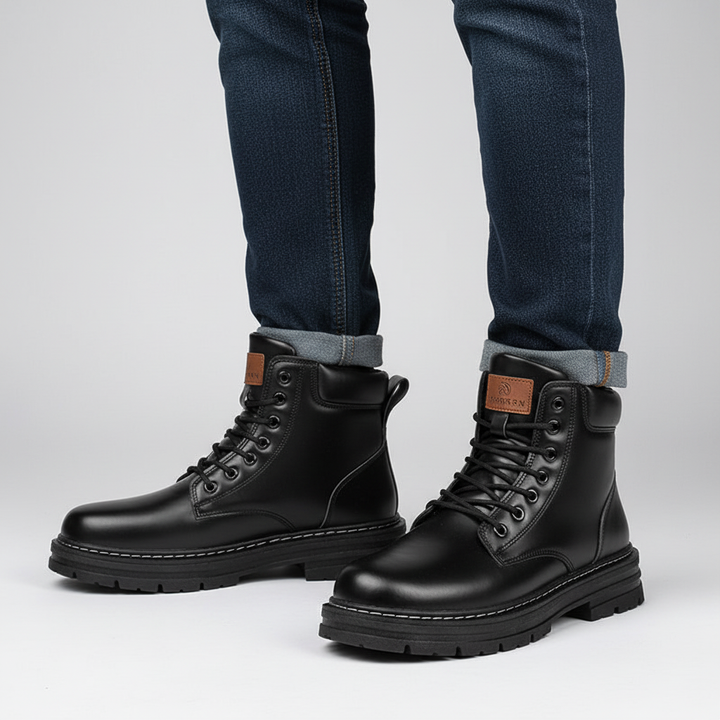 Close-up of men's classic autumn lace-up comfort boots in a rich brown color