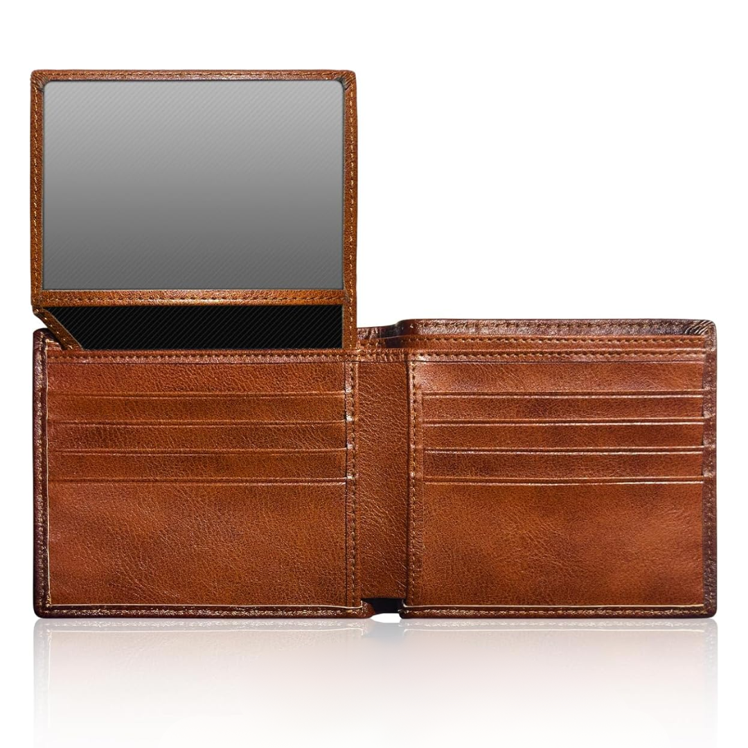 Men's classic brown leather bifold wallet with RFID protection, showing multiple card slots