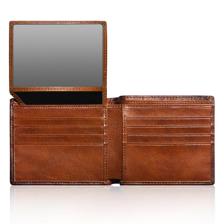 Men's classic brown leather bifold wallet with RFID protection, showing multiple card slots