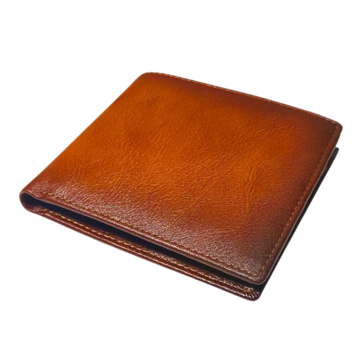 Slim black leather bifold wallet for men, featuring RFID blocking technology and clear ID window