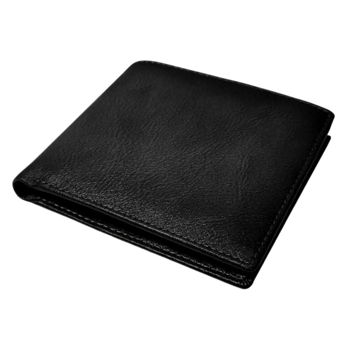 Elegant men's bifold wallet in black top grain leather, a slim design with RFID blocking card slots