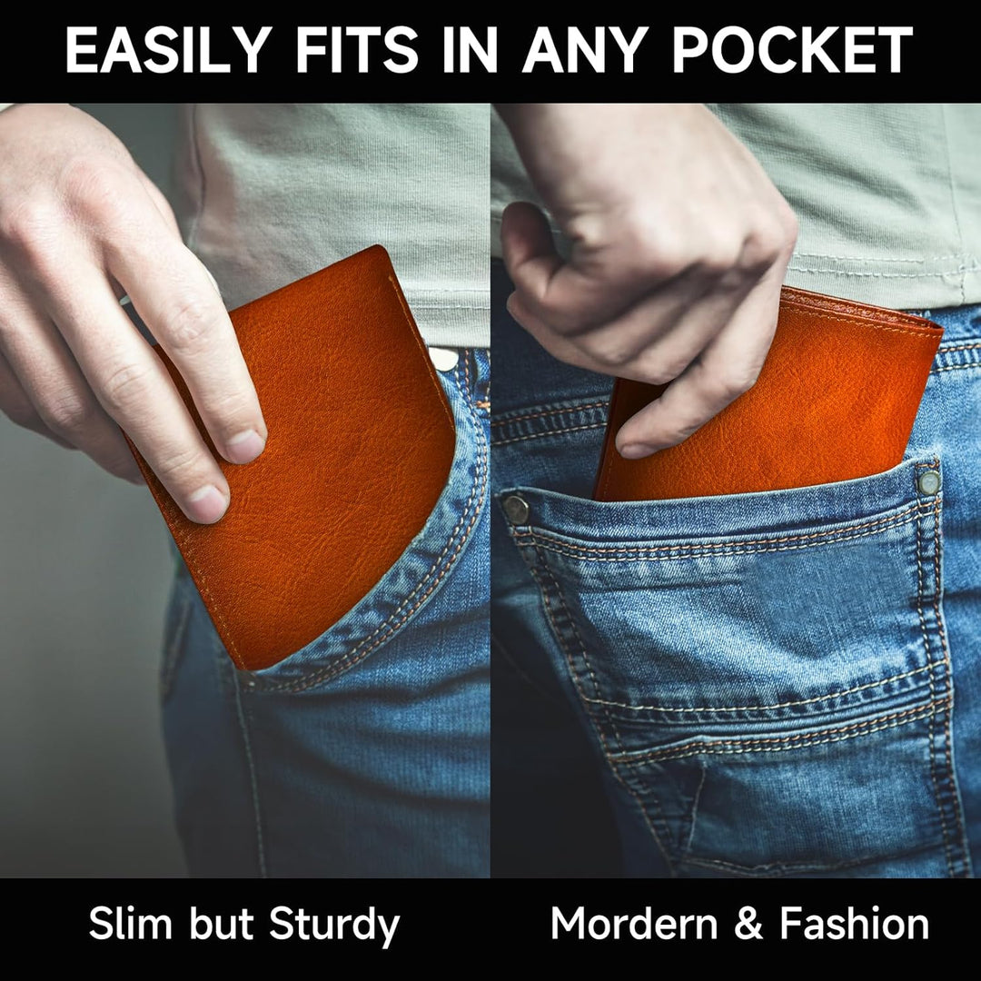Open view of a men's brown leather card holder wallet, RFID protected, displaying ample storage