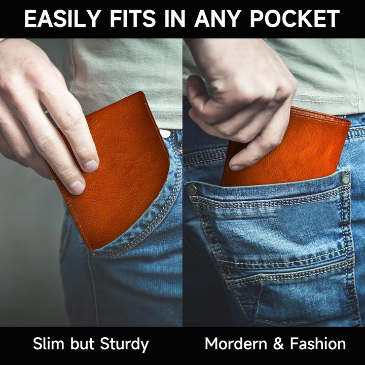 Open view of a men's brown leather card holder wallet, RFID protected, displaying ample storage