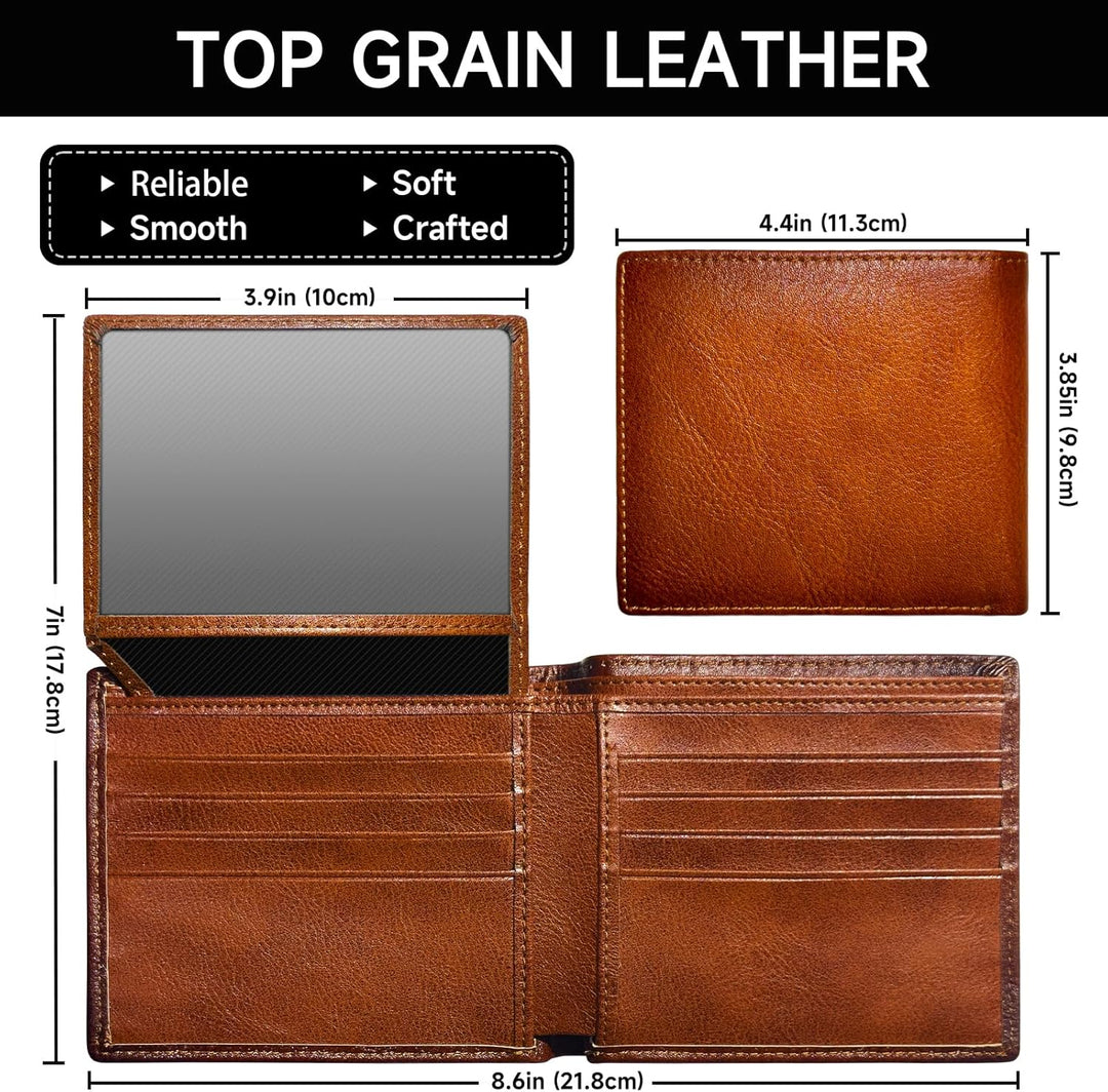 Close-up of a men's black leather bifold wallet texture with subtle stitching and RFID security