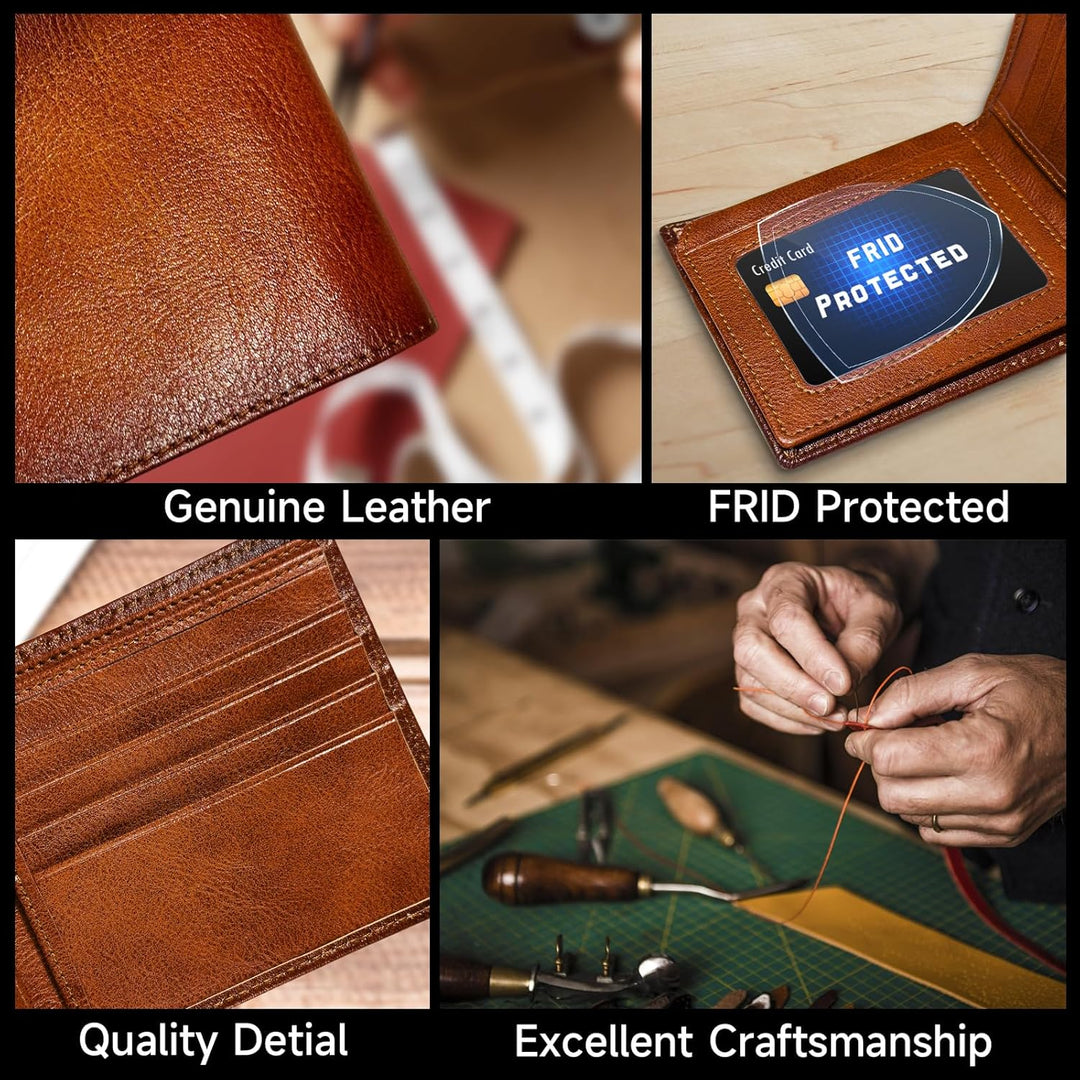 Gift-ready men's wallet: a brown leather bifold with RFID protection, ideal for cards and cash