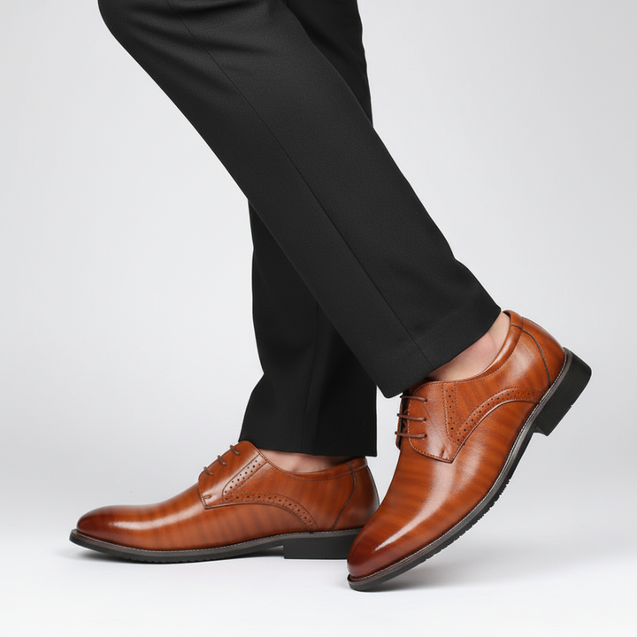 Front view of men's black lace-up leather brogue shoes, an essential formal footwear