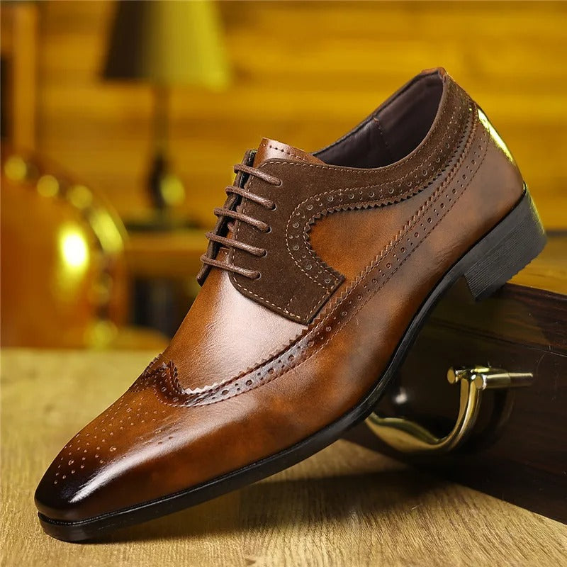 Sophisticated black leather brogue oxford men's dress shoes, ideal for weddings, formal occasions, & refined attire.