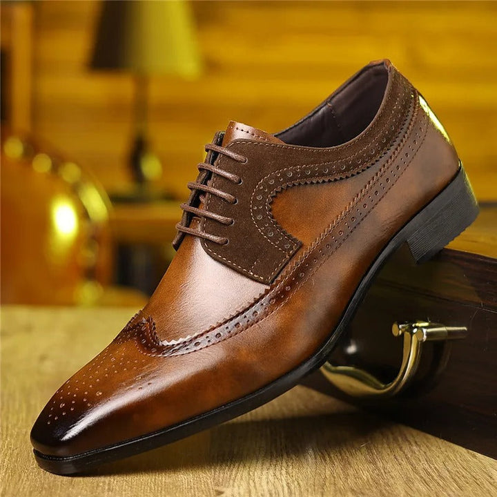 Sophisticated black leather brogue oxford men's dress shoes, ideal for weddings, formal occasions, & refined attire.