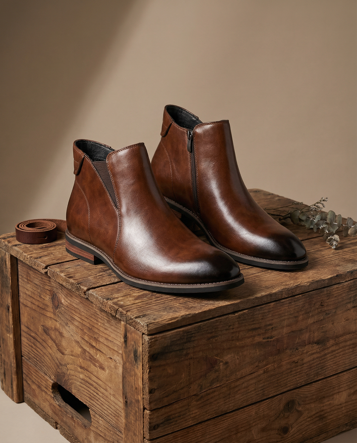 Stylish black leather Chelsea boots for men, featuring a convenient side zip for easy wear and classic look.