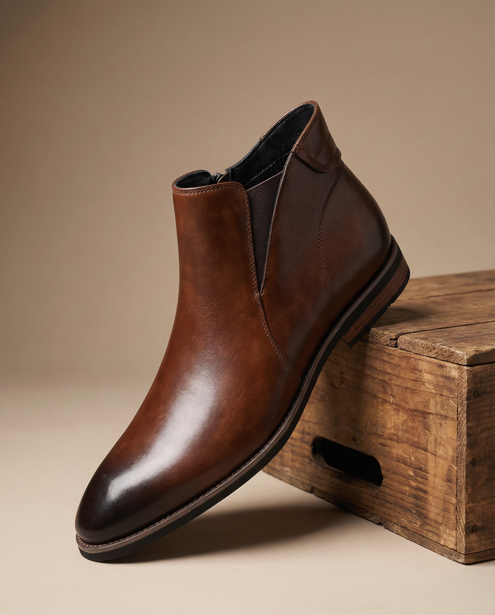 Durable men's brown leather Chelsea boots, designed with a side zip for comfort and a timeless, classic style.