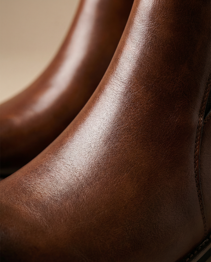 Classic men's fashion brown Chelsea boots, made from genuine leather with a practical side zip, versatile style.