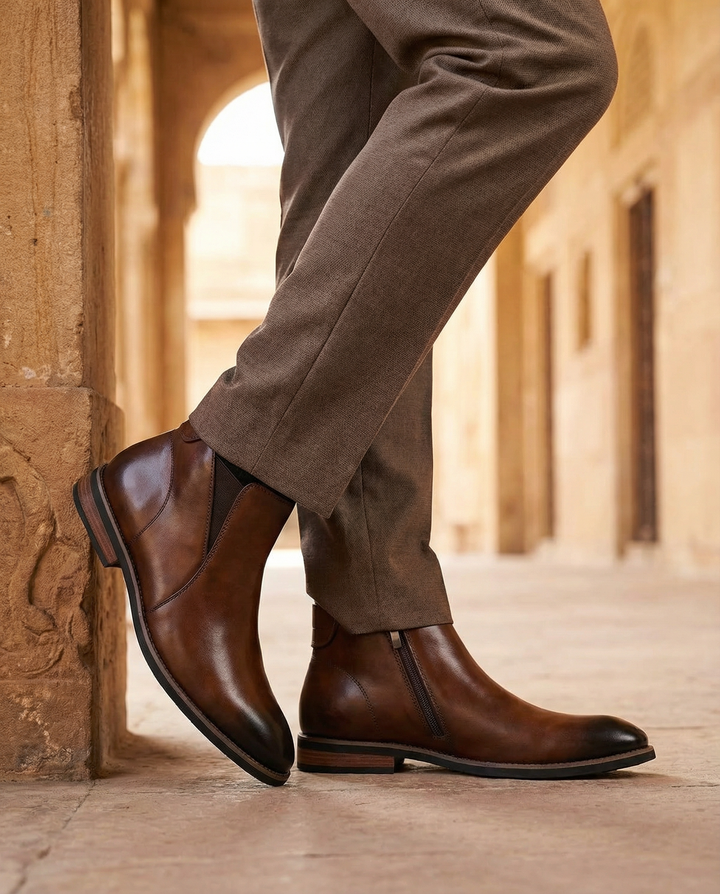 Sleek black men's leather Chelsea boots with discreet side zip, offering a comfortable and sophisticated classic boot style.