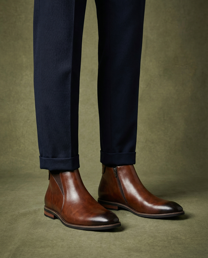 Brown leather men's Chelsea boots, durable & comfortable with a side zip, perfect for classic and modern fashion.