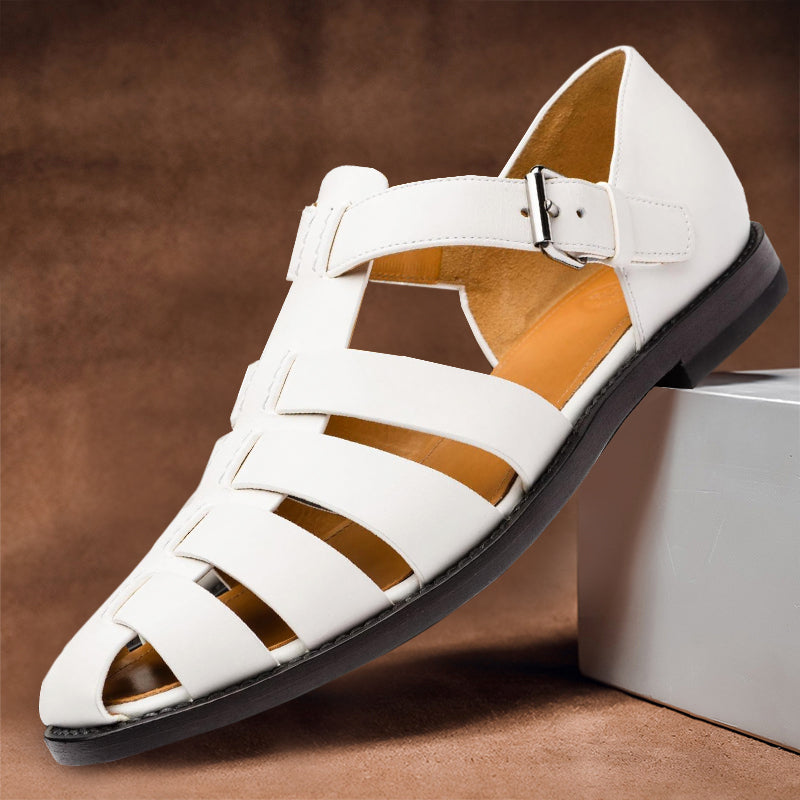 Men's classic brown leather comfort sandals with non-slip grip, perfect for summer casual wear & travel.