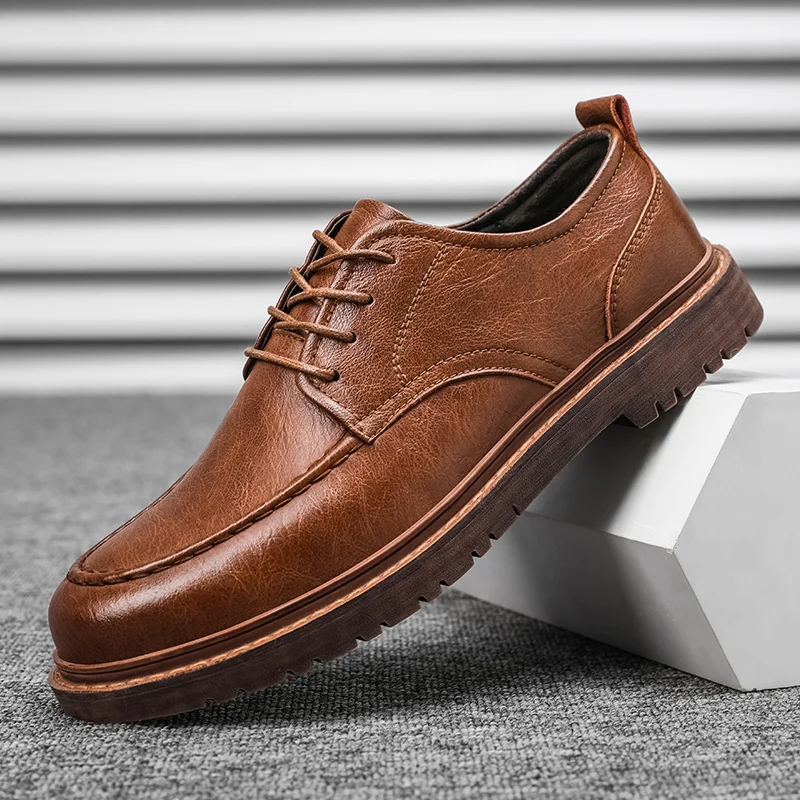 Side view of men's classic brown lace-up Derby shoes, timeless design for formal or casual outfits. Durable footwear.