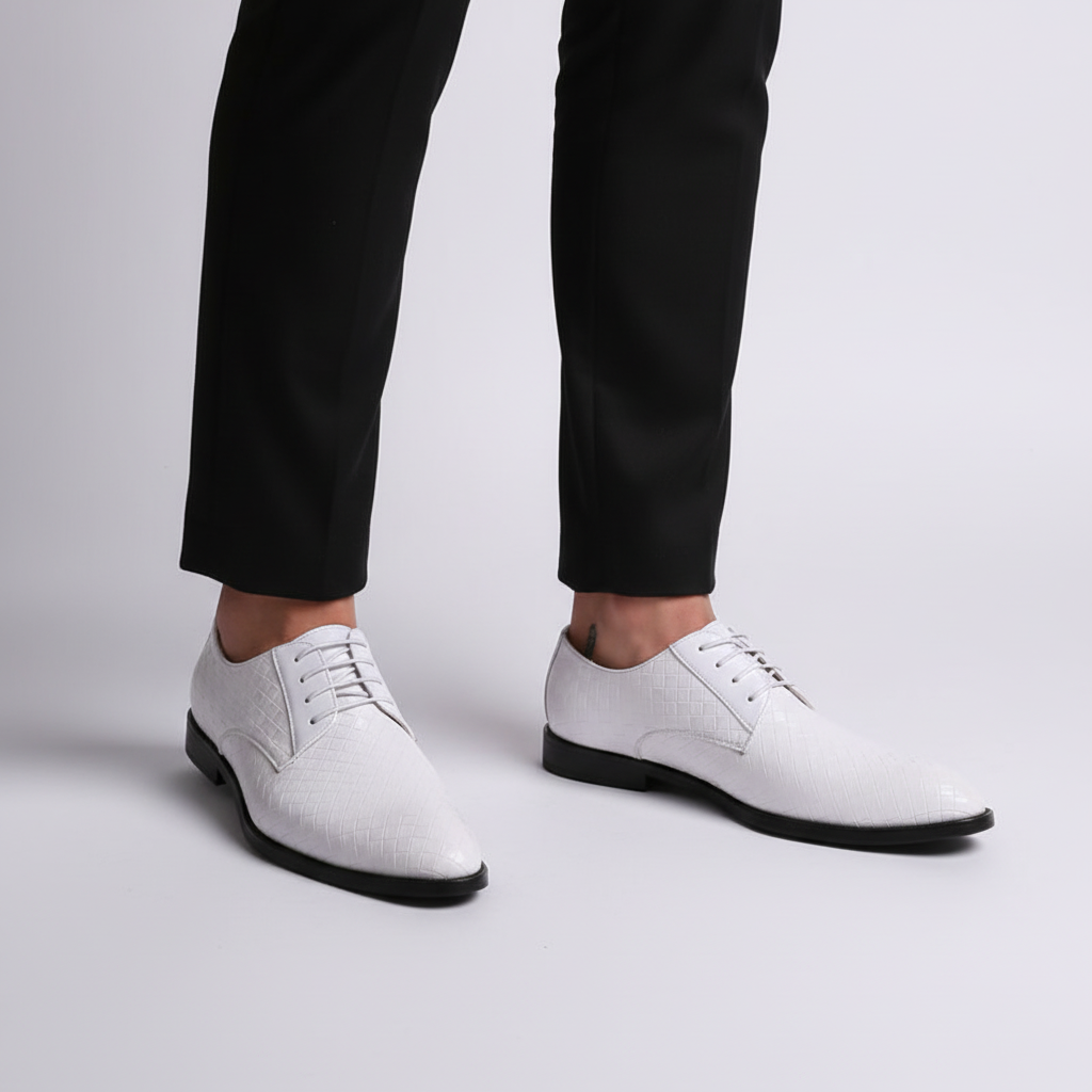 Full view of men's high-quality leather oxford shoes, featuring a classic laced design