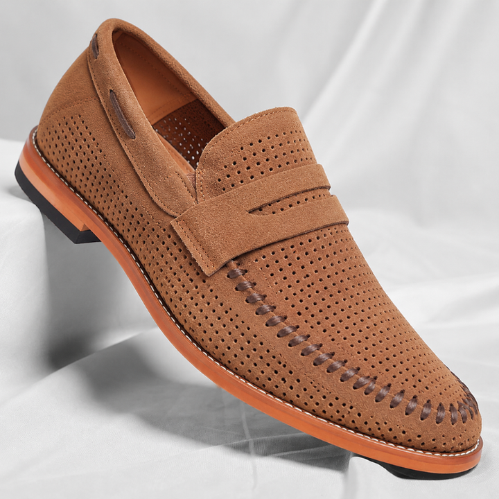 Men's classic brown leather penny loafers, perfect for smart casual or professional office wear.