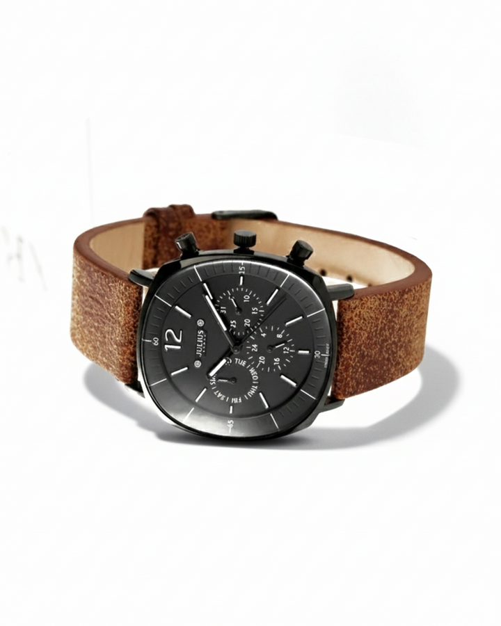 Men's classic brown leather strap multi-function watch with a silver case and black dial. Elegant timepiece.