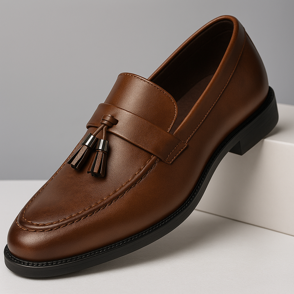 Men's classic brown leather tassel loafers, ideal for sharp and polished style.