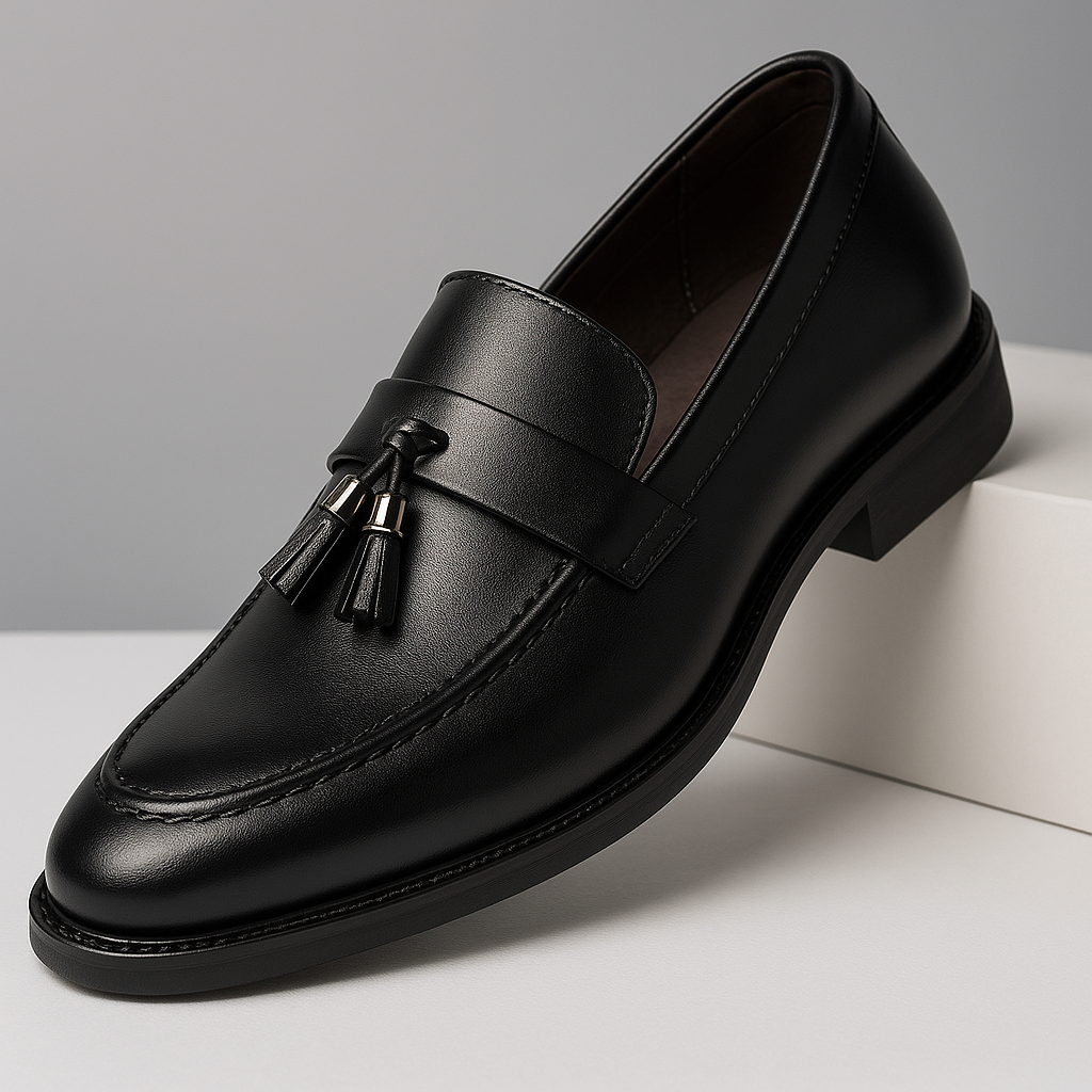 Stylish men's black tassel loafers, showcasing elegant design and versatile footwear.