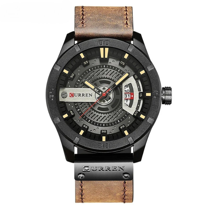 Men's elegant classic wrist watch with a brown leather strap, durable alloy case, and quartz movement.